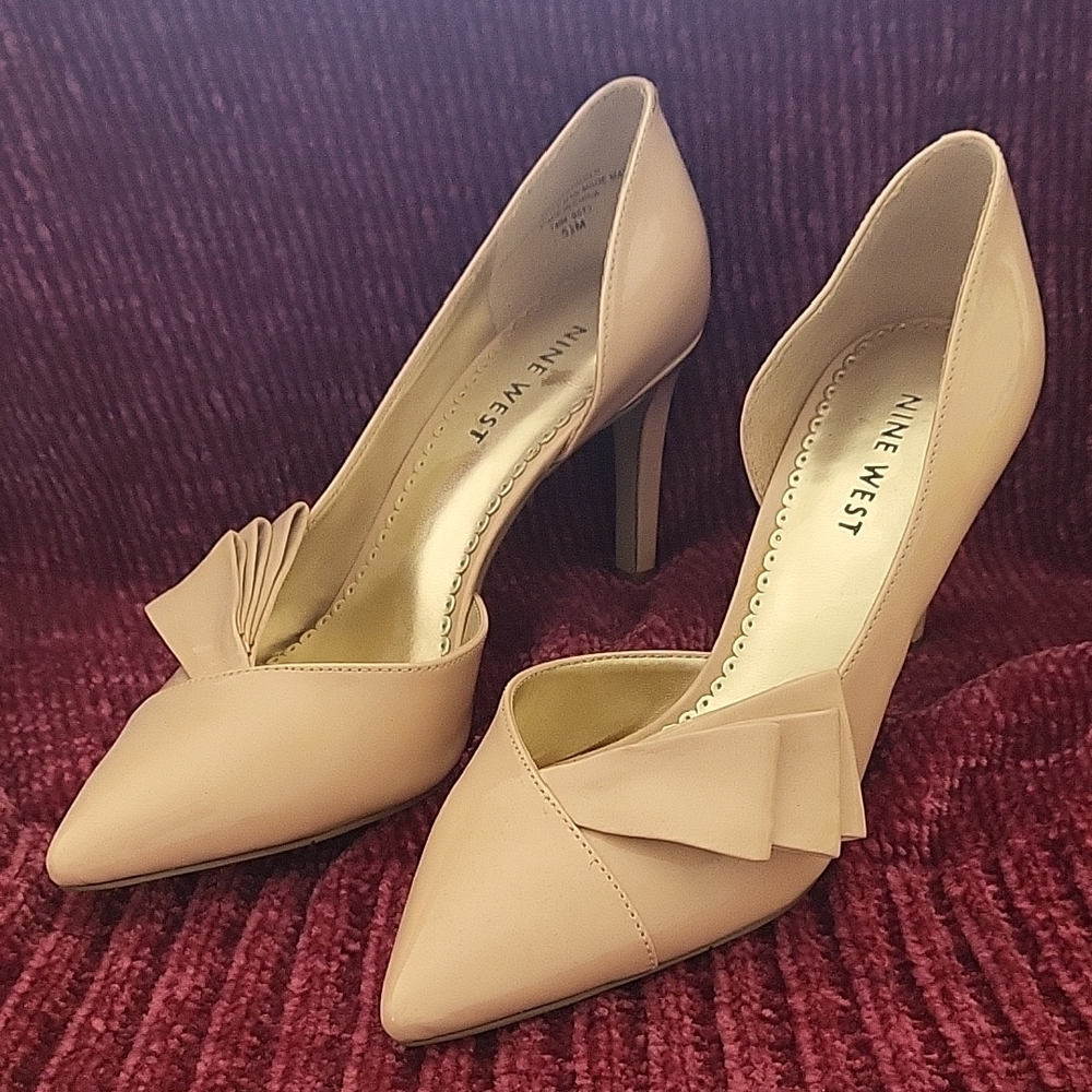 Nine West Nude Patent Leather 3-Inch Pumps with Asymmetrical Design